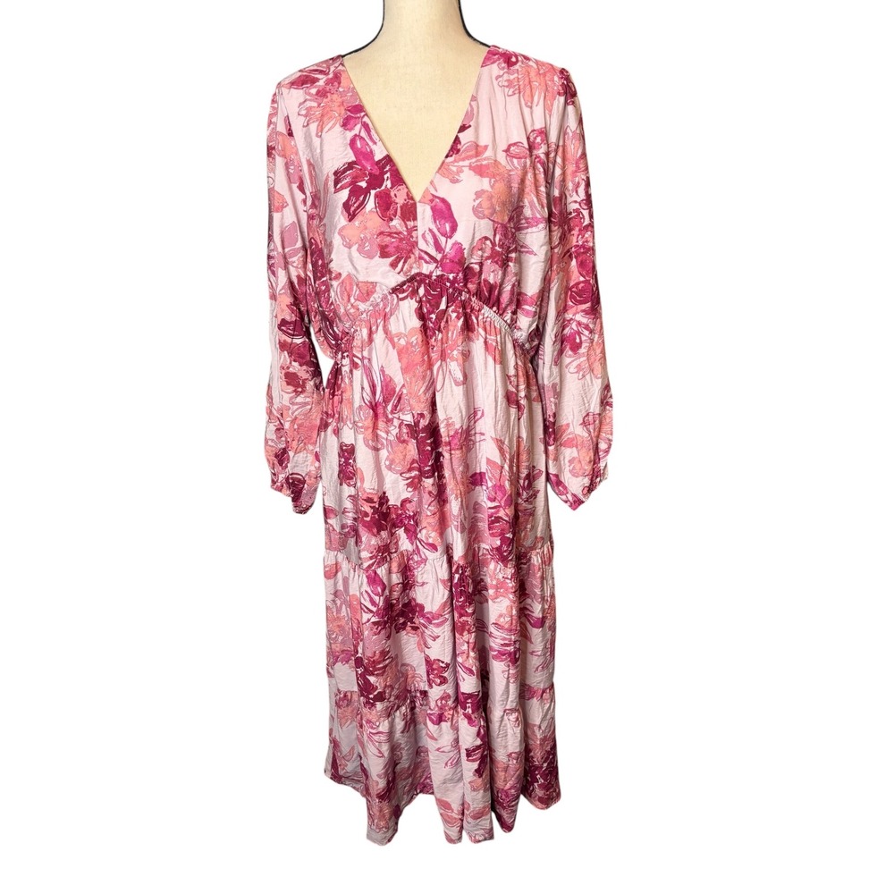 Gilli Pink Floral V-Neck Tiered Maxi Dress Stitch Fix Exclusive Womens 1X NWT